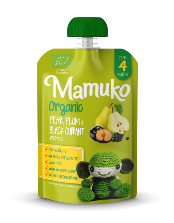 MAMUKO Organic pear, plum & black currant puree, 100g, 4+ - Image 1