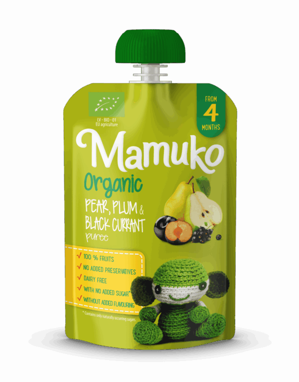 MAMUKO Organic pear, plum & black currant puree, 100g, 4+ - Image 1