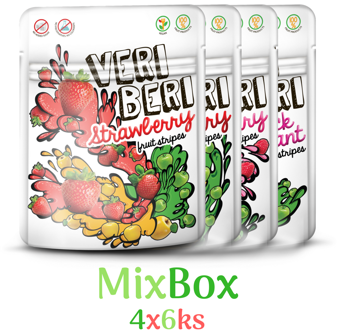 VERI BERI mix of raspberry, strawberry, cherry, blueberry and black currant fruit stripes, box of 24 / VEGAN