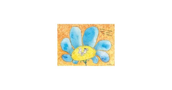 AD38/127 Bunny and angel, playing for the blue flower to bloom greeting card - Image 1