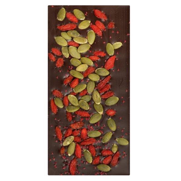 RŪTA Dark Chocolate (50 %) with pumpkin seeds, goji berries and cranberry seeds, 100g - Image 2